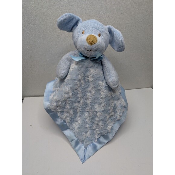 🍁 3/$20 Blankets & Beyond Plush Blue Dog Minky Rosette Satin Security Lovey Bow - Picture 1 of 7